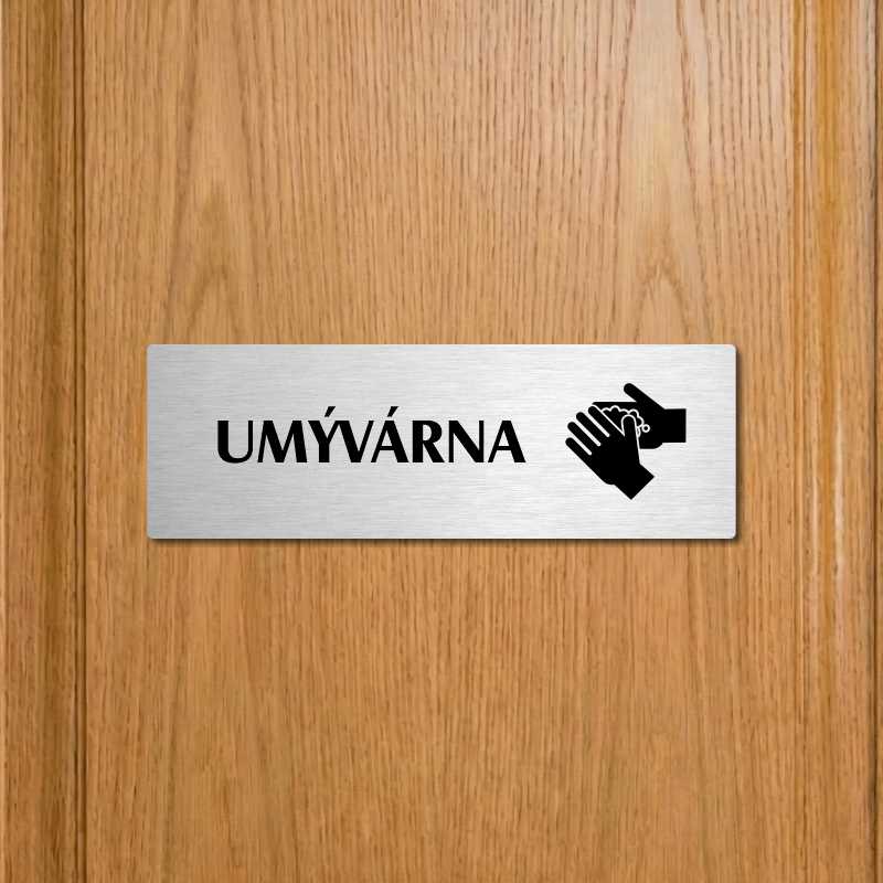 Umývárna, 200x66mm, stříbrná popiska s dvojtým rámečkem